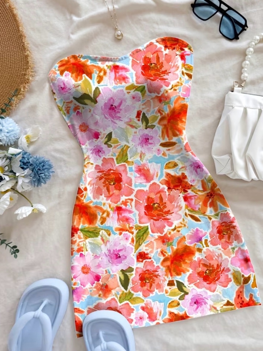 Floral Strapless Bodycon Dress in Coral & Pink